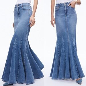 Alice Olivia Flare Denim Skirt Womens Size 12 Nala Godet Maxi Floor Length Avery